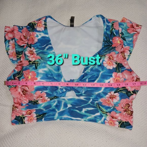 *SOLD* Torrid Blue Pool Floral Wireless Flutter Sleeve Swim Top Size 0 - Picture 11 of 12